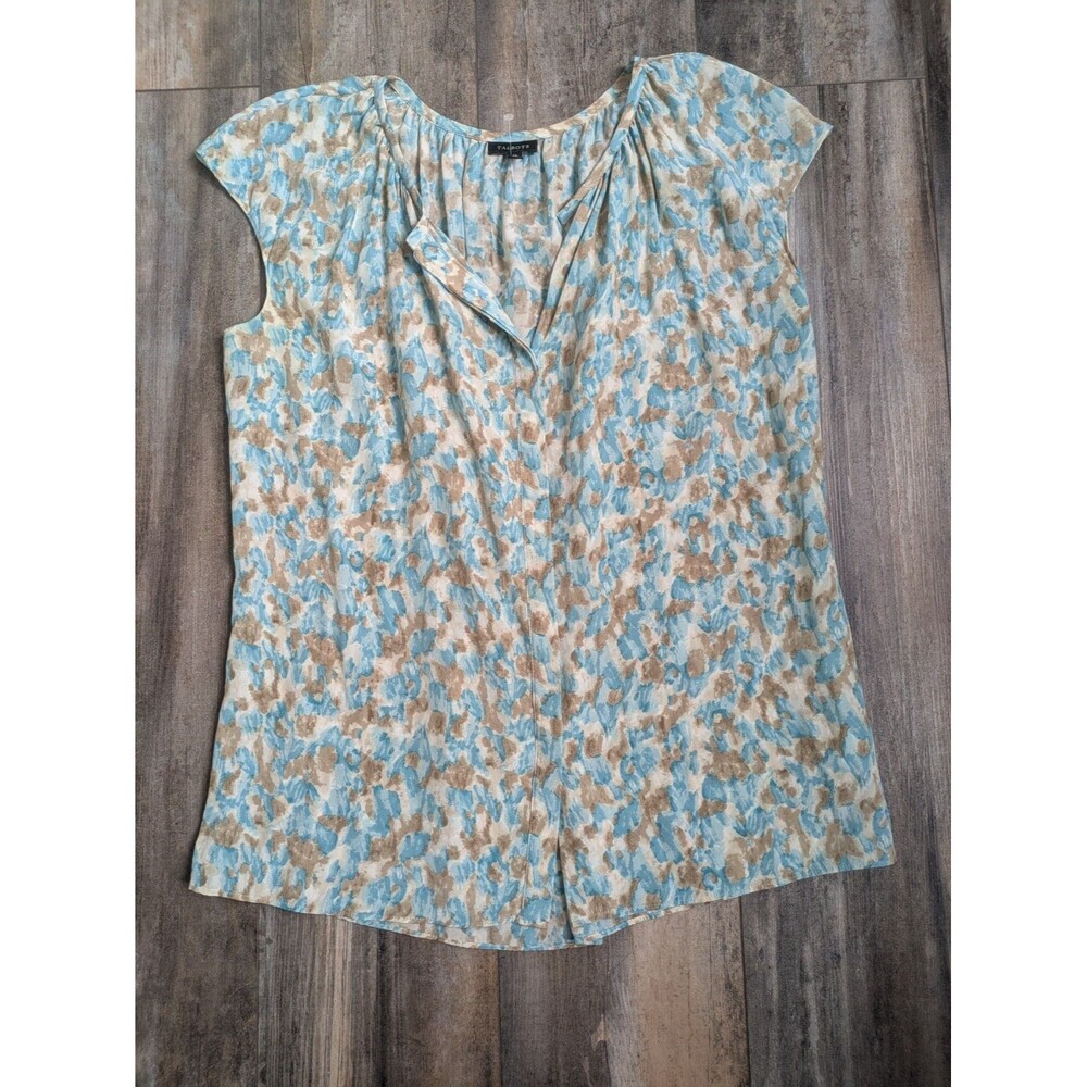 Talbots Top Women’s 12 100% Silk Button Front Shirt Blue Blouse Green Cap SS